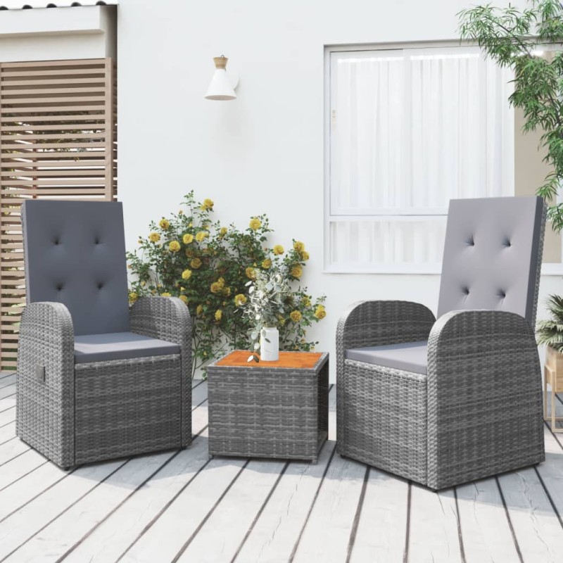 Set Mobili Giardino 3pz Grigio Polyrattan Legno Massello Acacia Set Mobili Giardino 3pz Grigio Polyrattan Legno Massello Acacia
