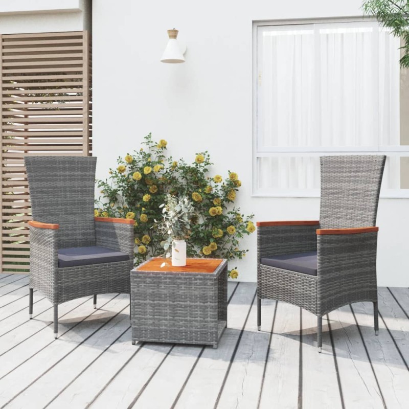 Set Mobili Giardino 3pz Grigio Polyrattan Legno Massello Acacia Set Mobili Giardino 3pz Grigio Polyrattan Legno Massello Acacia