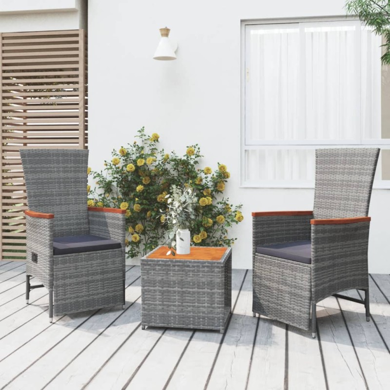 Set Mobili Giardino 3pz Grigio Polyrattan Legno Massello Acacia Set Mobili Giardino 3pz Grigio Polyrattan Legno Massello Acacia
