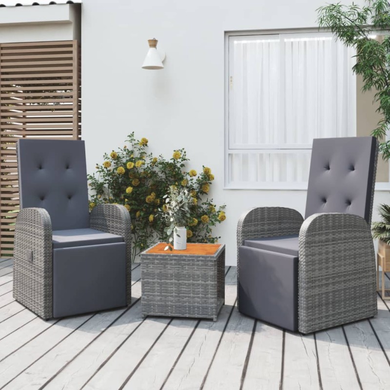 Set Mobili Giardino 3pz Grigio Polyrattan Legno Massello Acacia Set Mobili Giardino 3pz Grigio Polyrattan Legno Massello Acacia