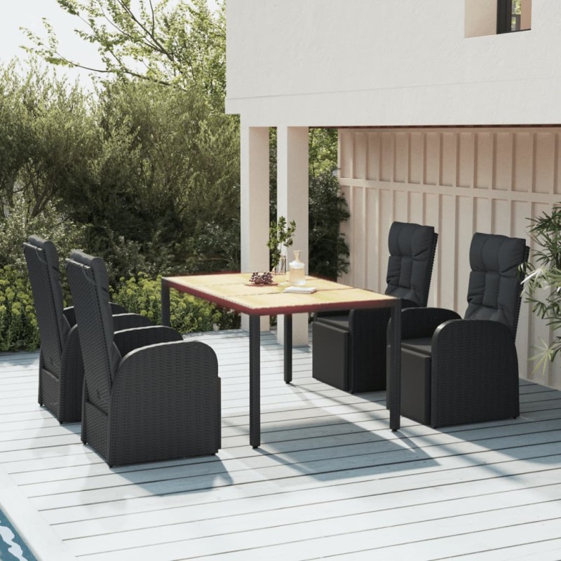 Set Pranzo Giardino 5pz Nero Polyrattan Legno Massello Acacia Set Pranzo Giardino 5pz Nero Polyrattan Legno Massello Acacia