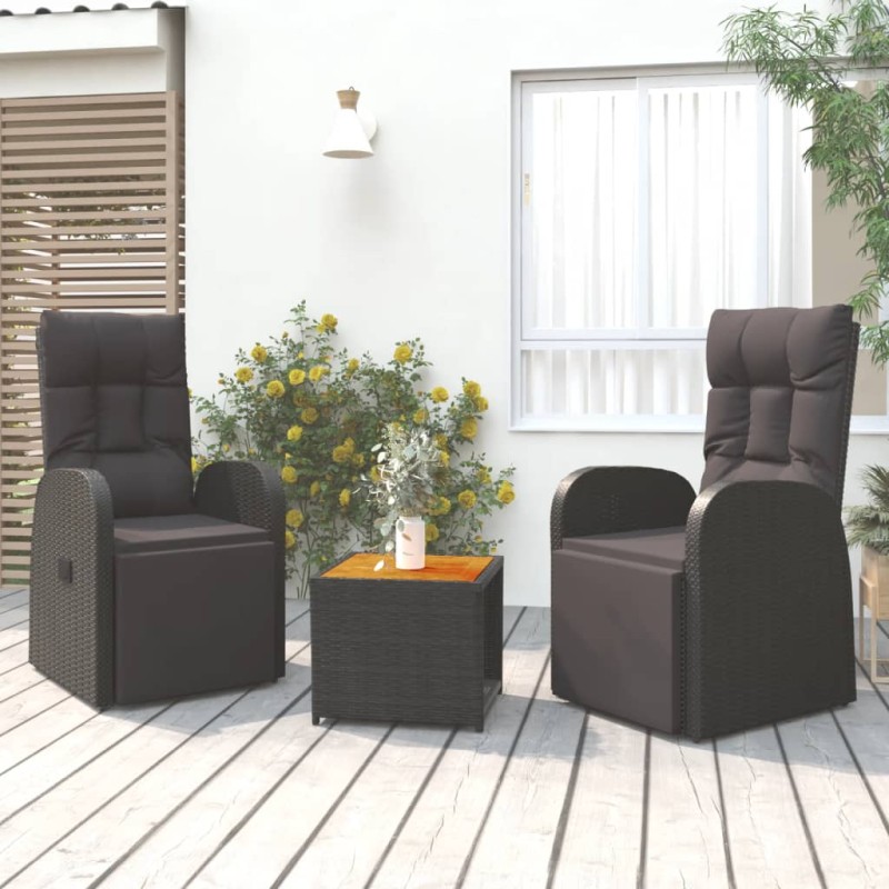 Set Mobili Giardino 3pz Nero Polyrattan e Legno Massello Acacia Set Mobili Giardino 3pz Nero Polyrattan e Legno Massello Acacia