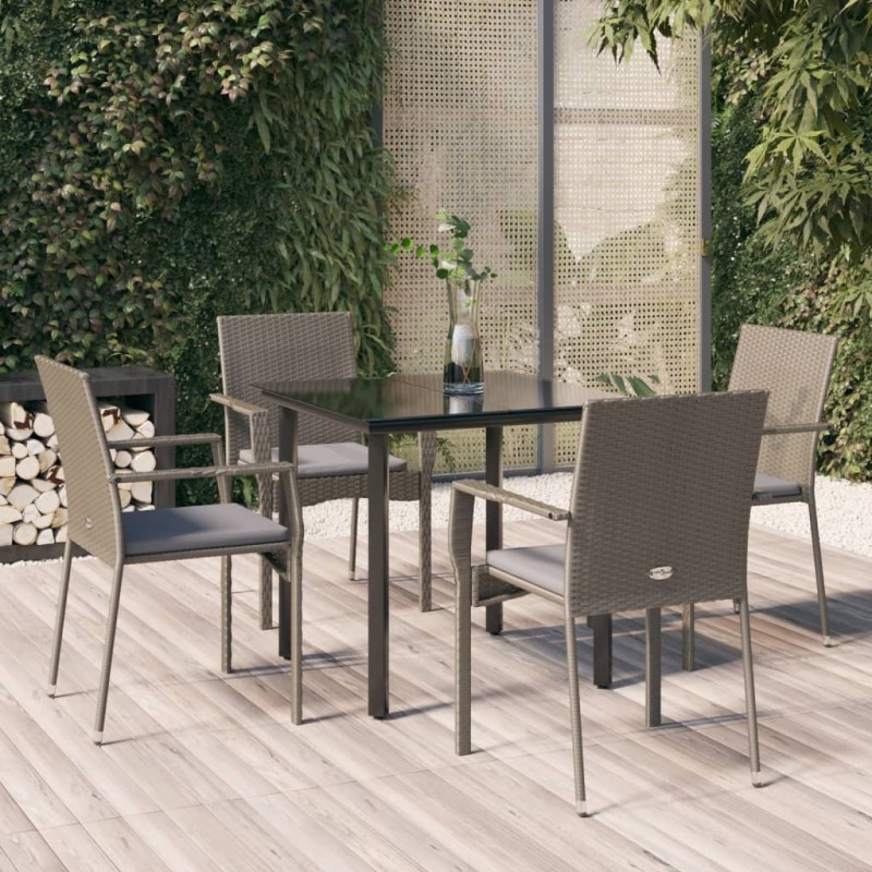Set da Pranzo Giardino 5pz Nero e Grigio con Cuscini Polyrattan Set da Pranzo Giardino 5pz Nero e Grigio con Cuscini Polyrattan