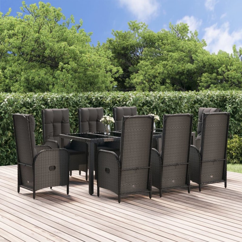 vidaXL Set da Pranzo Giardino 9pz con Cuscini Nero e Grigio Polyrattan vidaXL Set da Pranzo Giardino 9pz con Cuscini Nero e Grigio Polyrattan