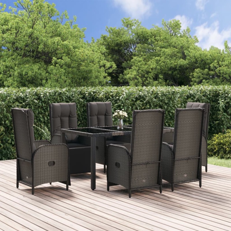 Set da Pranzo Giardino 7pz Nero e Grigio con Cuscini Polyrattan Set da Pranzo Giardino 7pz Nero e Grigio con Cuscini Polyrattan