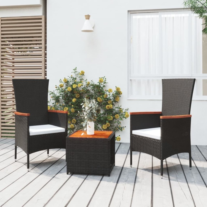 Set Mobili Giardino 3pz Nero Polyrattan e Legno Massello Acacia Set Mobili Giardino 3pz Nero Polyrattan e Legno Massello Acacia