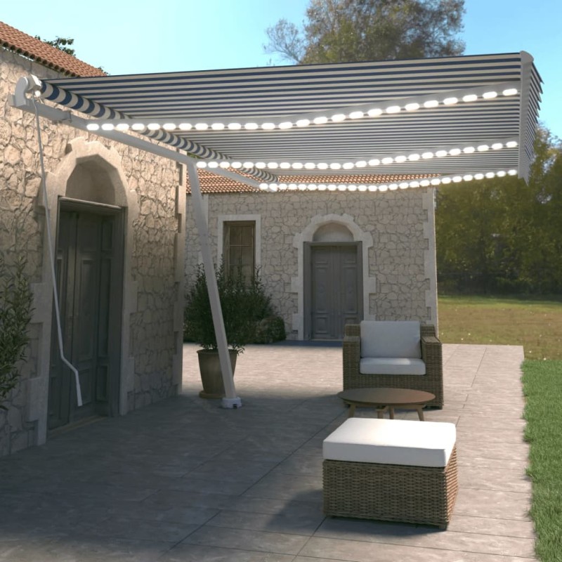 Tenda da Sole Retrattile Manuale con LED 600x350 cm Blu Bianco Tenda da Sole Retrattile Manuale con LED 600x350 cm Blu Bianco
