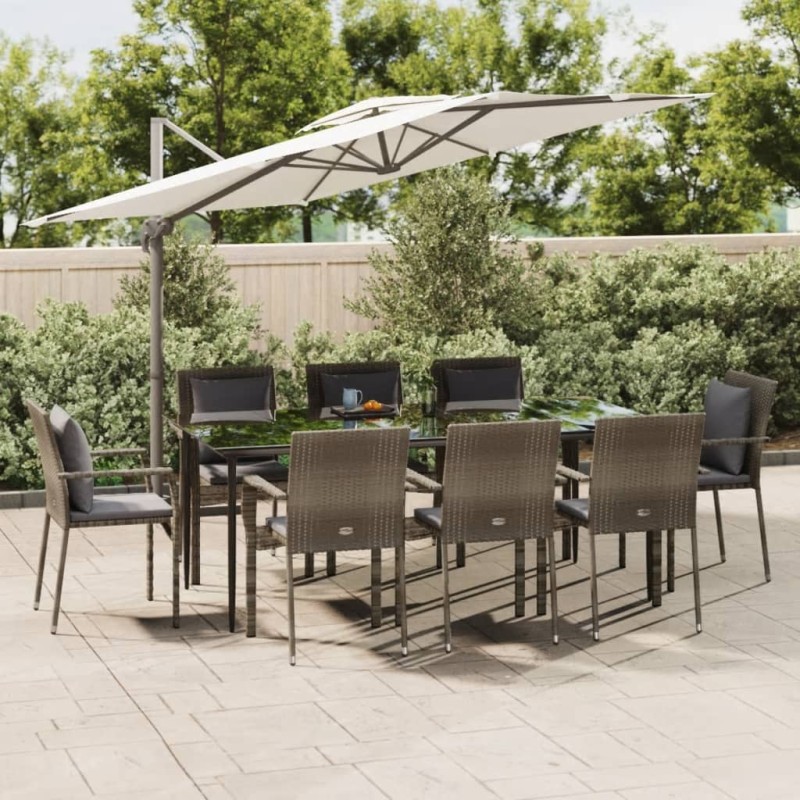 Set da Pranzo Giardino 9pz con Cuscini Nero e Grigio Polyrattan Set da Pranzo Giardino 9pz con Cuscini Nero e Grigio Polyrattan