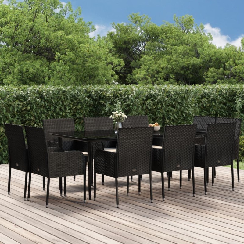 Set da Pranzo da Giardino 11 pz con Cuscini in Polyrattan Nero Set da Pranzo da Giardino 11 pz con Cuscini in Polyrattan Nero
