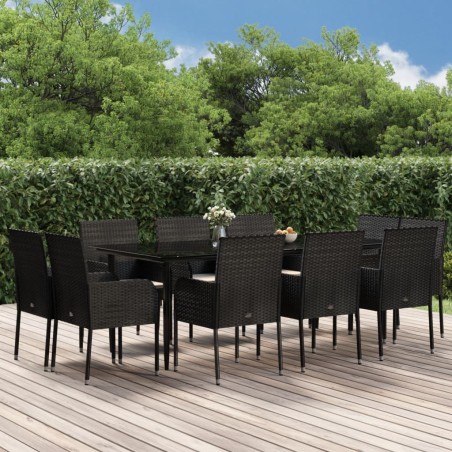 Set da Pranzo da Giardino 11 pz con Cuscini in Polyrattan Nero