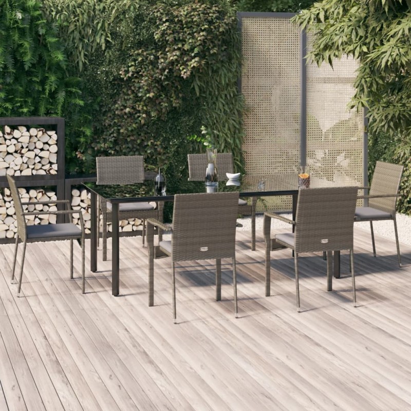 Set da Pranzo Giardino 7pz Nero e Grigio con Cuscini Polyrattan Set da Pranzo Giardino 7pz Nero e Grigio con Cuscini Polyrattan