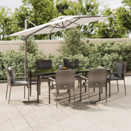 Set da Pranzo Giardino 7pz Nero e Grigio con Cuscini Polyrattan