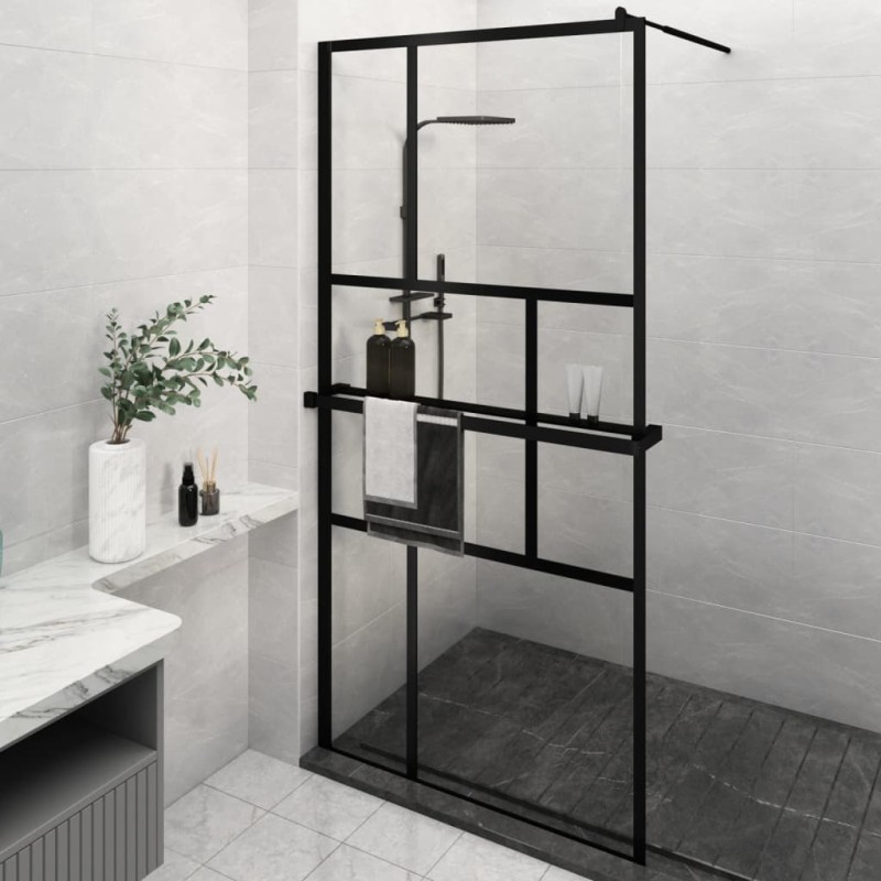 Parete Doccia con Mensola Nera 115x195 cm Vetro ESG e Alluminio Parete Doccia con Mensola Nera 115x195 cm Vetro ESG e Alluminio