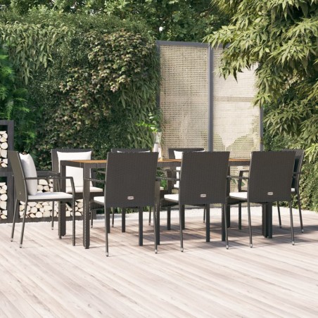 Set da Pranzo da Giardino 9 pz con Cuscini Nero in Polyrattan
