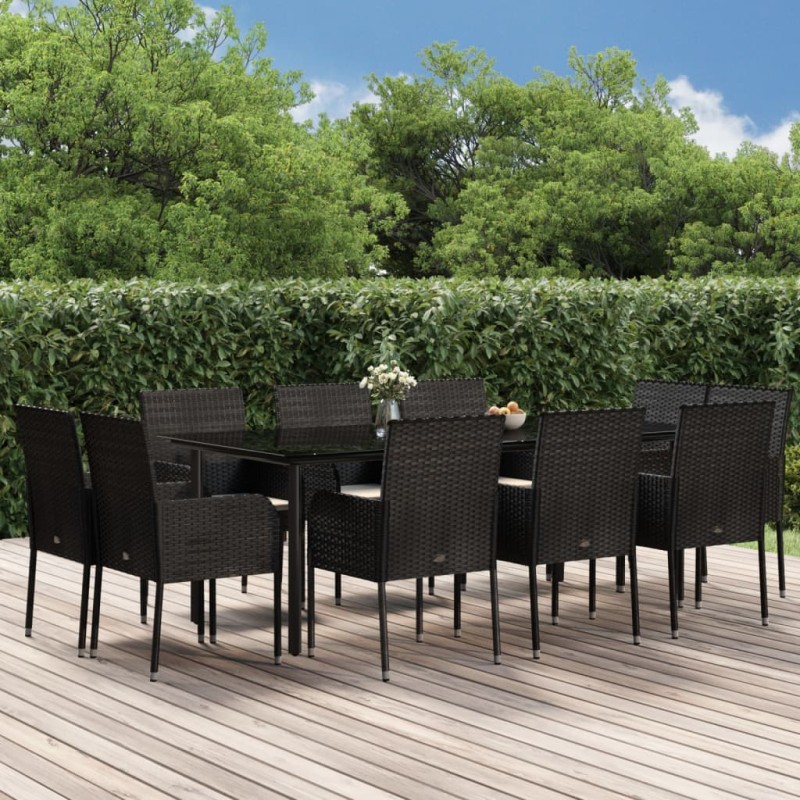Set da Pranzo da Giardino 11 pz con Cuscini in Polyrattan Nero Set da Pranzo da Giardino 11 pz con Cuscini in Polyrattan Nero