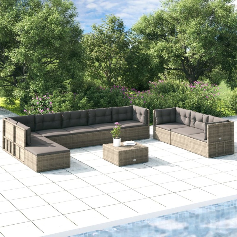 Set Divani da Giardino 10 pz con Cuscini in Polyrattan Grigio Set Divani da Giardino 10 pz con Cuscini in Polyrattan Grigio