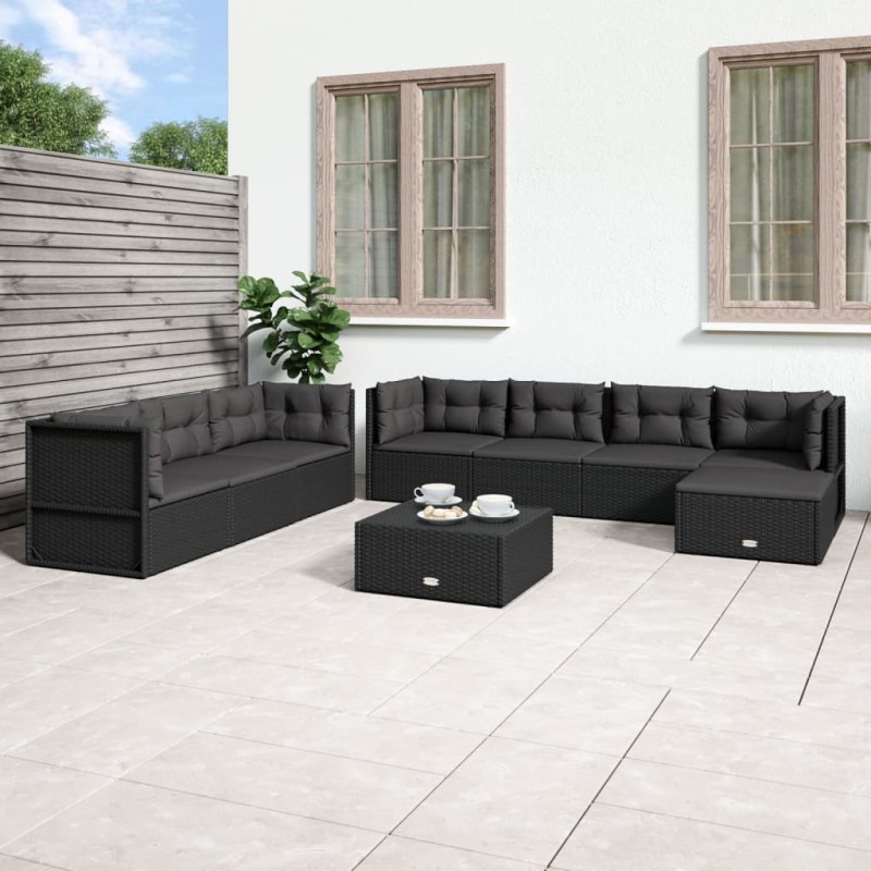 vidaXL Set Mobili da Giardino con Cuscini 8 pz Nero in Polyrattan vidaXL Set Mobili da Giardino con Cuscini 8 pz Nero in Polyrattan