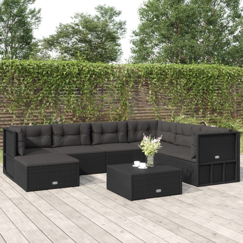 Set Salotto da Giardino con Cuscini 7pz Nero Polyrattan Set Salotto da Giardino con Cuscini 7pz Nero Polyrattan