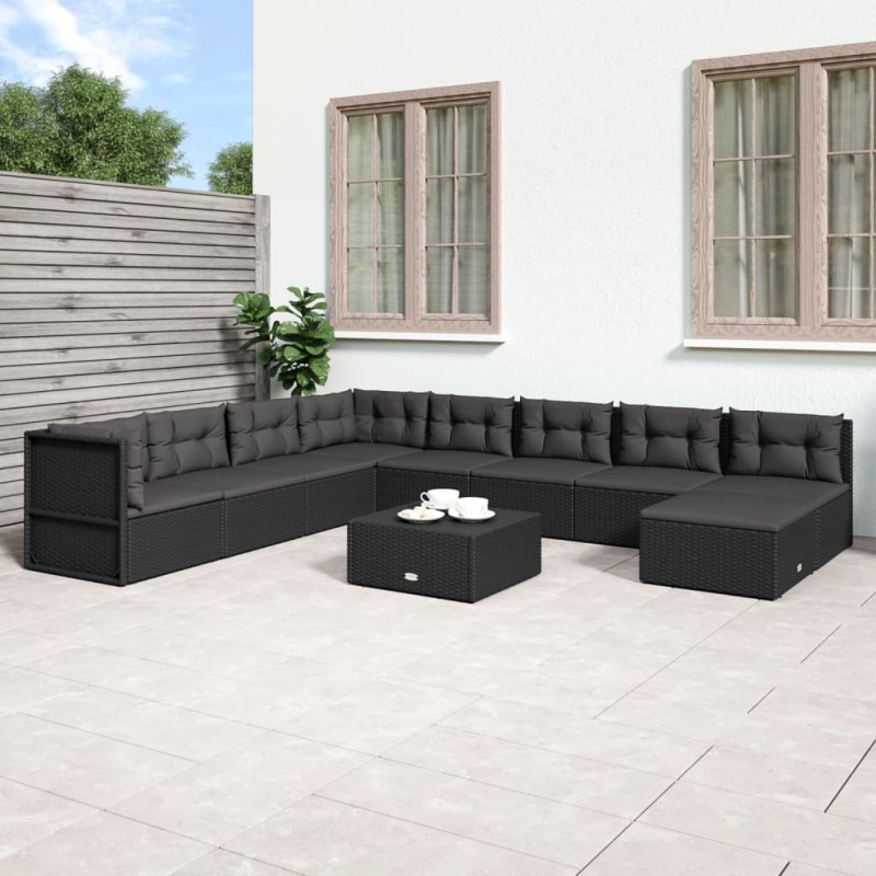 Set Salotto da Giardino con Cuscini 9pz Nero in Polyrattan Set Salotto da Giardino con Cuscini 9pz Nero in Polyrattan