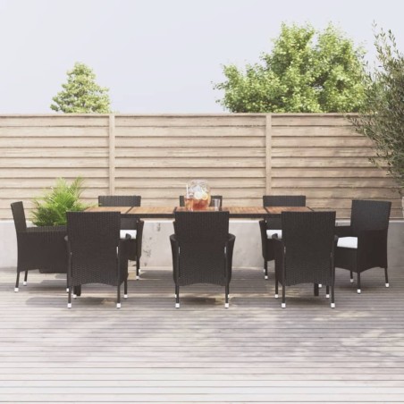 Set da Pranzo da Giardino 9 pz con Cuscini Nero in Polyrattan