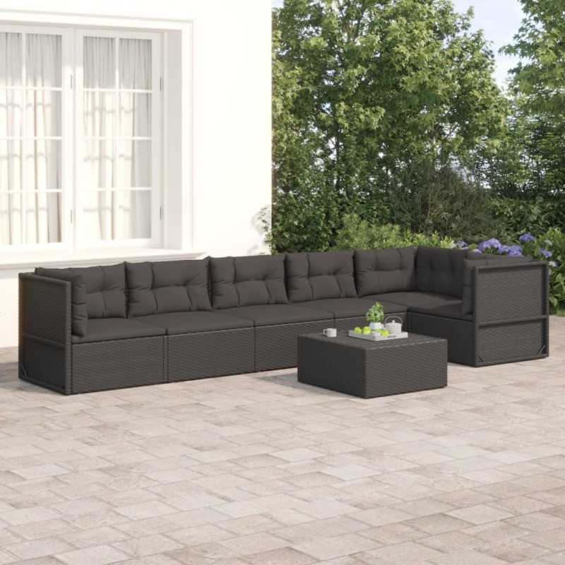 Set Mobili da Giardino 6 pz con Cuscini in Polyrattan Nero Set Mobili da Giardino 6 pz con Cuscini in Polyrattan Nero