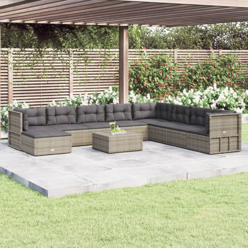 vidaXL Set Divani da Giardino 9 pz con Cuscini in Polyrattan Grigio vidaXL Set Divani da Giardino 9 pz con Cuscini in Polyrattan Grigio
