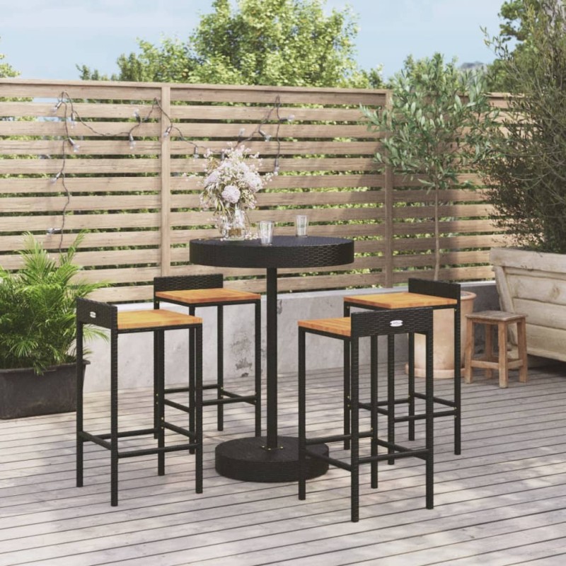 Set Bar Giardino 5 pz Nero Polyrattan e Legno Massello Acacia Set Bar Giardino 5 pz Nero Polyrattan e Legno Massello Acacia