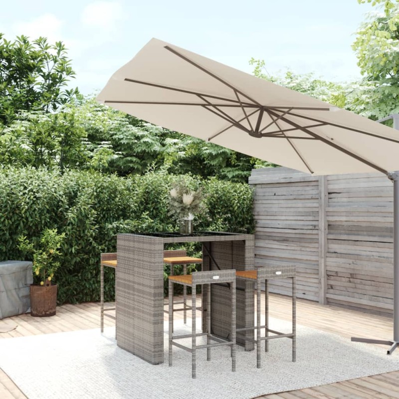 Set Bar Giardino 5pz Grigio Polyrattan e Legno Massello Acacia Set Bar Giardino 5pz Grigio Polyrattan e Legno Massello Acacia