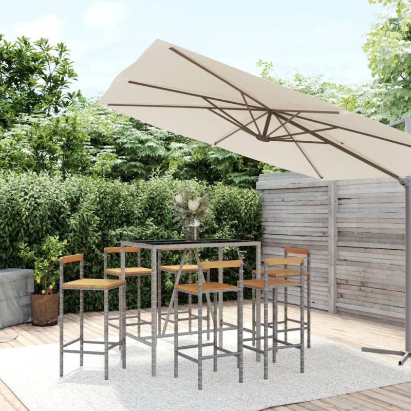 Set Bar Giardino 7pz Grigio Polyrattan e Legno Massello Acacia Set Bar Giardino 7pz Grigio Polyrattan e Legno Massello Acacia