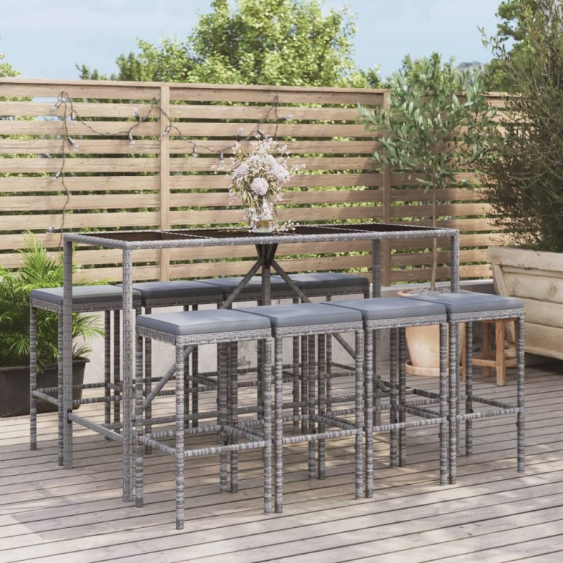 Set Bar da Giardino 9 pz con Cuscini in Polyrattan Grigio Set Bar da Giardino 9 pz con Cuscini in Polyrattan Grigio