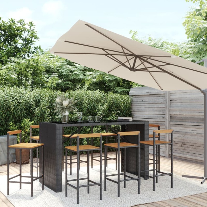 vidaXL Set Bar Giardino 9 pz Nero Polyrattan e Legno Massello Acacia vidaXL Set Bar Giardino 9 pz Nero Polyrattan e Legno Massello Acacia