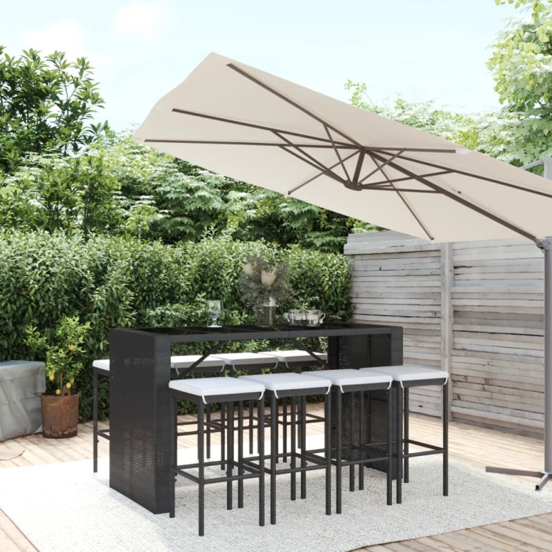 Set Bar da Giardino 9 pz con Cuscini in Polyrattan Nero Set Bar da Giardino 9 pz con Cuscini in Polyrattan Nero