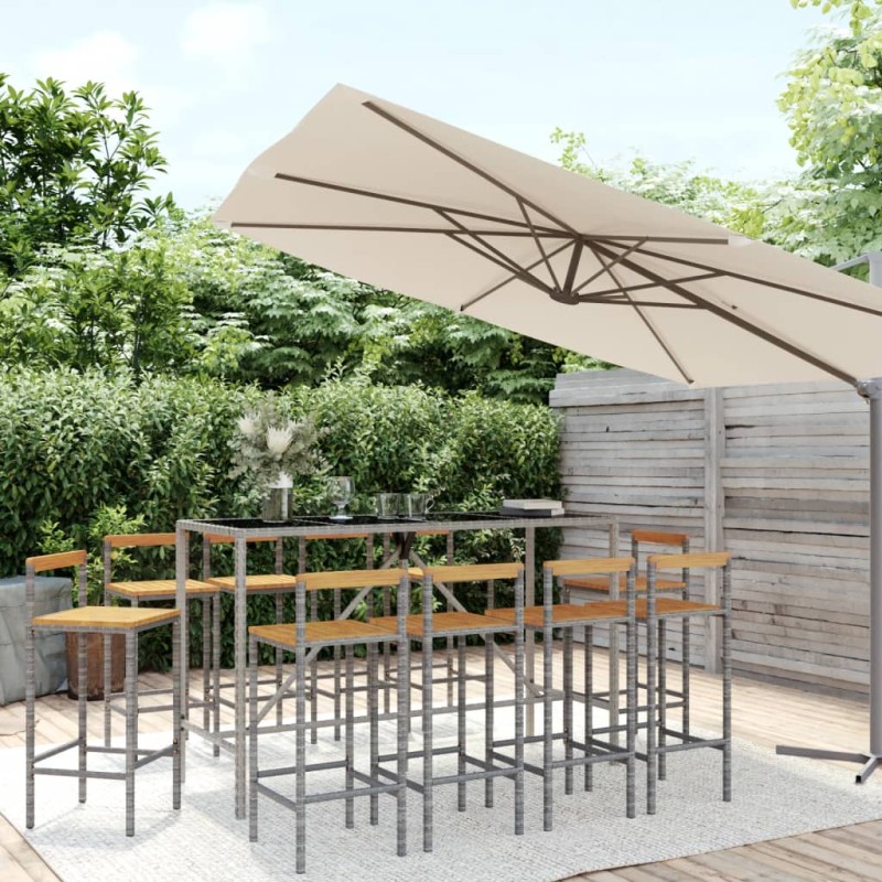 Set Bar Giardino 11pz Grigio Polyrattan e Legno Massello Acacia Set Bar Giardino 11pz Grigio Polyrattan e Legno Massello Acacia