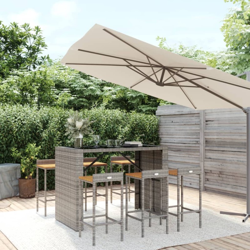 Set Bar Giardino 7pz Grigio Polyrattan e Legno Massello Acacia Set Bar Giardino 7pz Grigio Polyrattan e Legno Massello Acacia