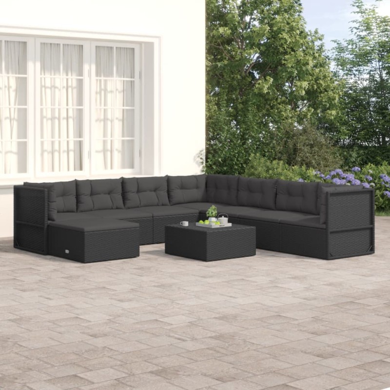 vidaXL Set Mobili da Giardino con Cuscini 8 pz Nero in Polyrattan vidaXL Set Mobili da Giardino con Cuscini 8 pz Nero in Polyrattan