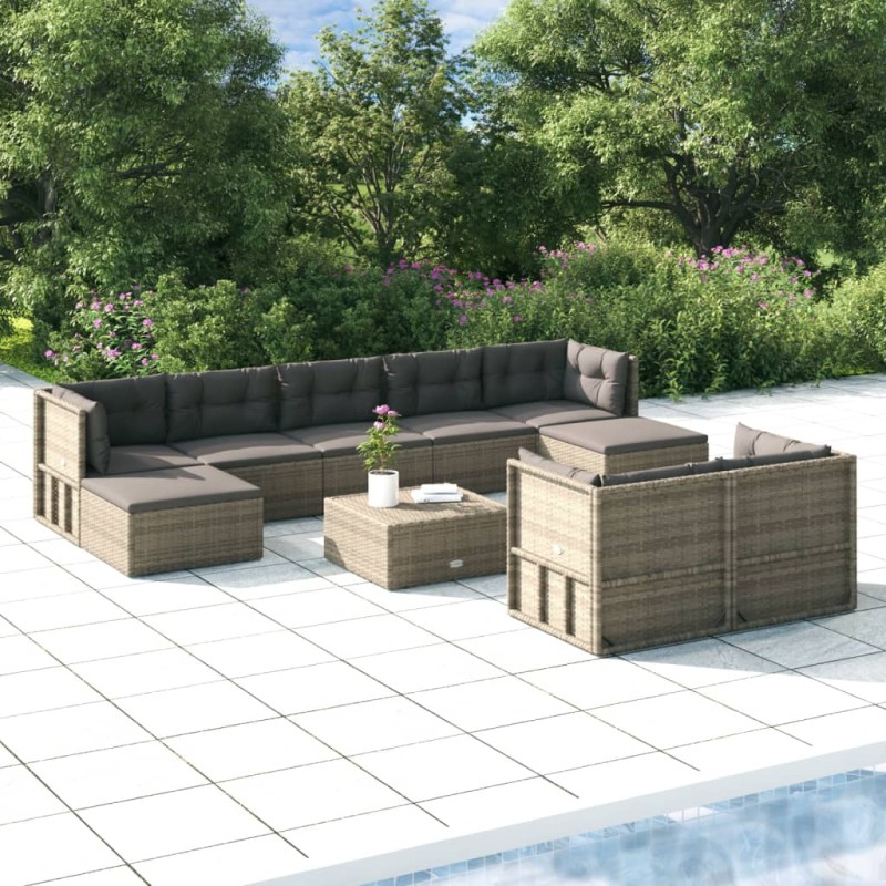 Set Divani da Giardino 9 pz con Cuscini in Polyrattan Grigio Set Divani da Giardino 9 pz con Cuscini in Polyrattan Grigio