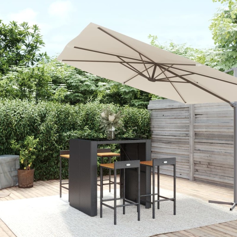 Set Bar Giardino 5 pz Nero Polyrattan e Legno Massello Acacia Set Bar Giardino 5 pz Nero Polyrattan e Legno Massello Acacia