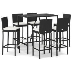 Set Bar da Giardino 7 pz con Cuscini in Polyrattan Nero