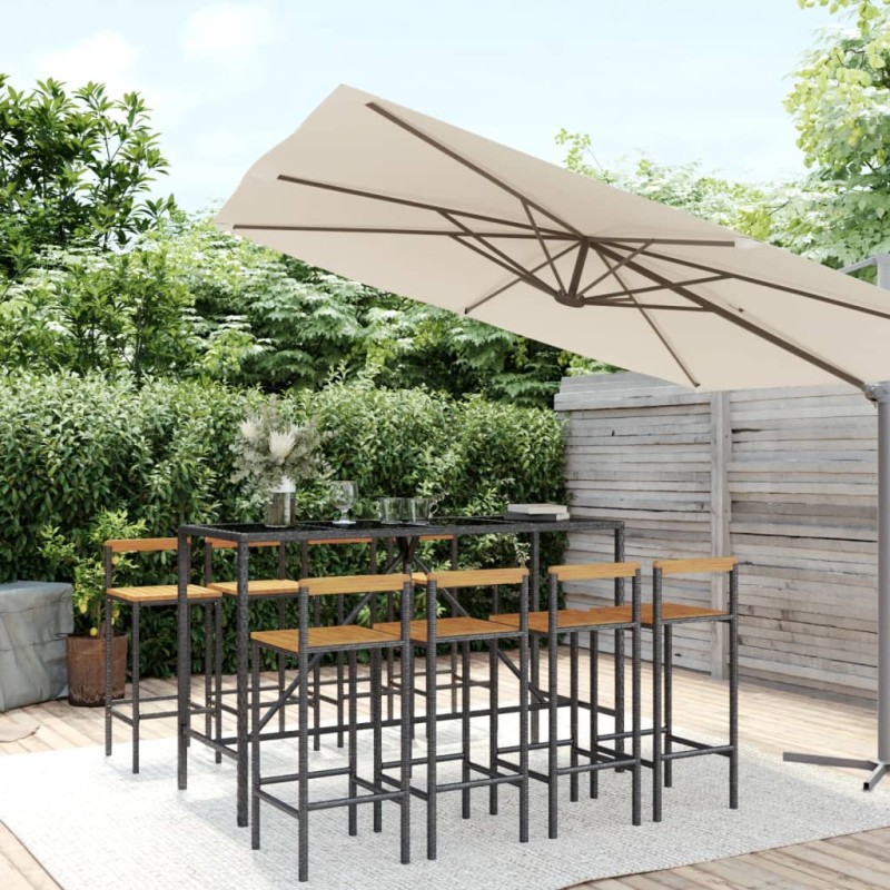 Set Bar Giardino 9 pz Nero Polyrattan e Legno Massello Acacia Set Bar Giardino 9 pz Nero Polyrattan e Legno Massello Acacia