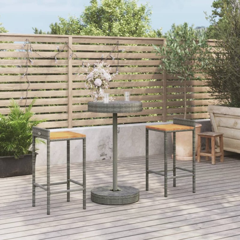 Set Bar Giardino 3pz Grigio Polyrattan e Legno Massello Acacia Set Bar Giardino 3pz Grigio Polyrattan e Legno Massello Acacia