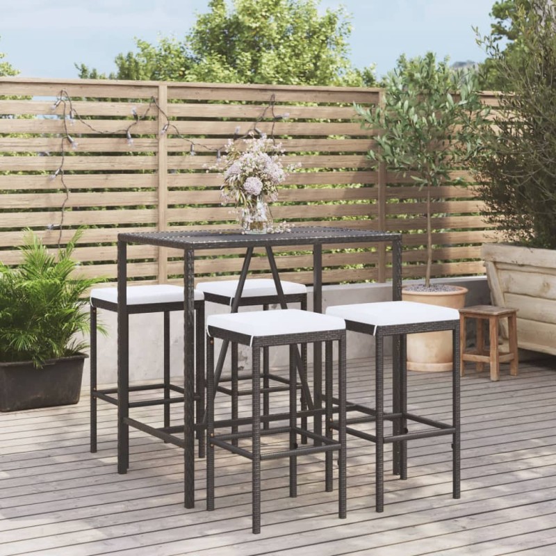Set Bar da Giardino 5 pz con Cuscini in Polyrattan Nero Set Bar da Giardino 5 pz con Cuscini in Polyrattan Nero