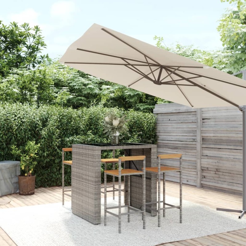 Set Bar Giardino 5pz Grigio Polyrattan e Legno Massello Acacia Set Bar Giardino 5pz Grigio Polyrattan e Legno Massello Acacia