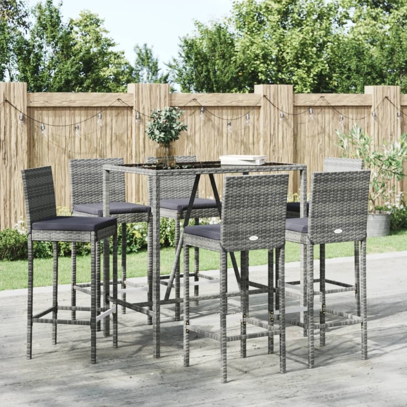 Set Bar da Giardino 7 pz con Cuscini in Polyrattan Grigio Set Bar da Giardino 7 pz con Cuscini in Polyrattan Grigio