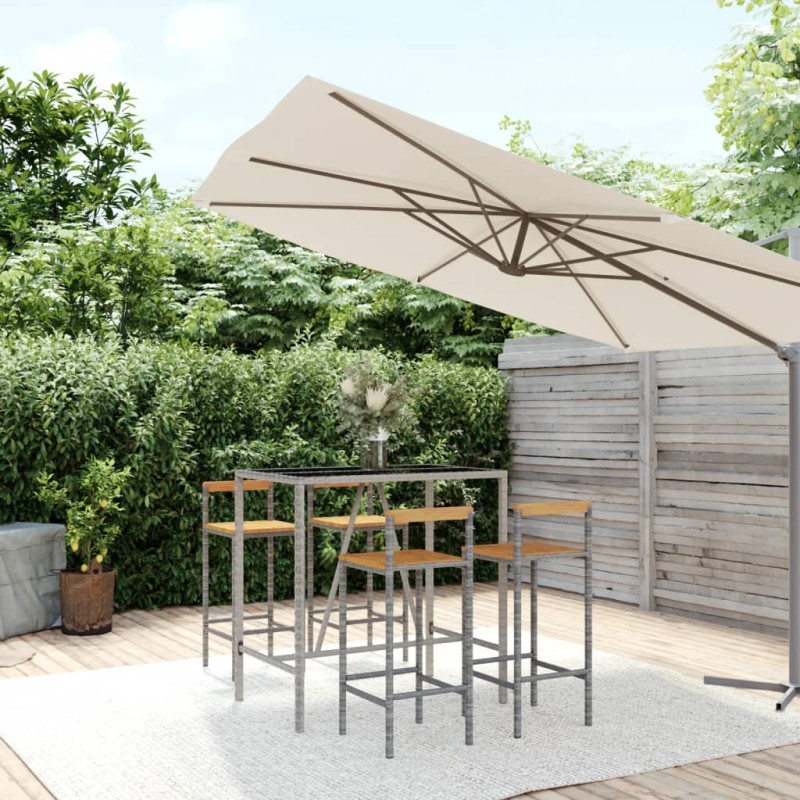 Set Bar Giardino 5pz Grigio Polyrattan e Legno Massello Acacia Set Bar Giardino 5pz Grigio Polyrattan e Legno Massello Acacia