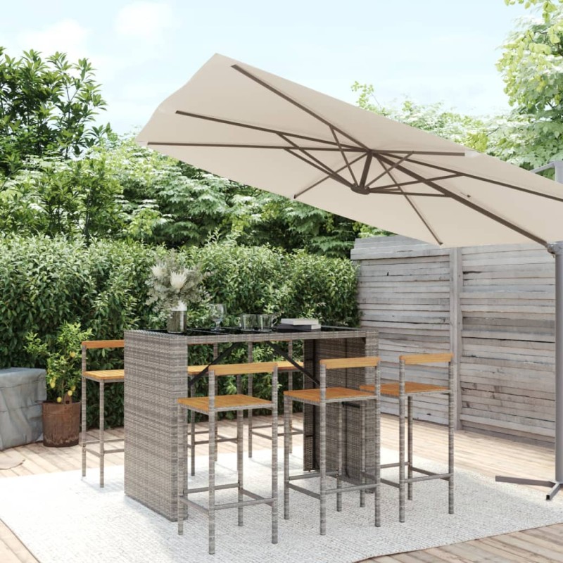 Set Bar Giardino 7pz Grigio Polyrattan e Legno Massello Acacia Set Bar Giardino 7pz Grigio Polyrattan e Legno Massello Acacia
