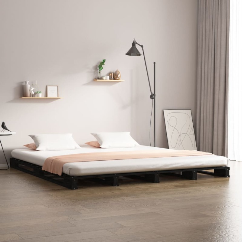 Letto a Pallet Nero 140x190 cm in Legno Massello di Pino Letto a Pallet Nero 140x190 cm in Legno Massello di Pino