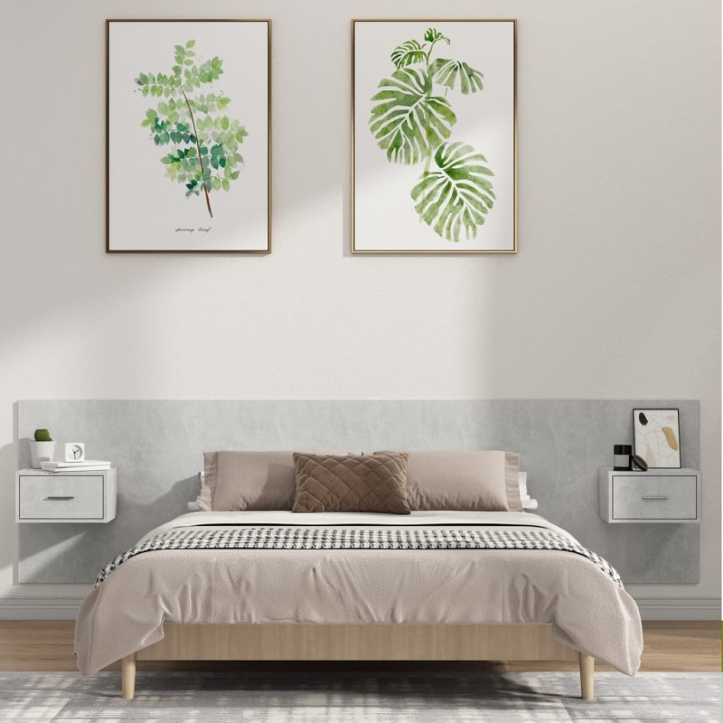 Testiera Letto con Comodini in Legno Multistrato Grigio Cemento Testiera Letto con Comodini in Legno Multistrato Grigio Cemento