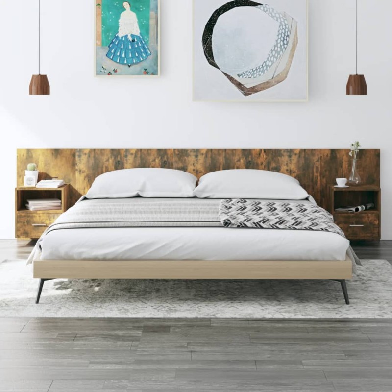 Testiera Letto con Comodini Rovere Fumo in Legno Multistrato Testiera Letto con Comodini Rovere Fumo in Legno Multistrato