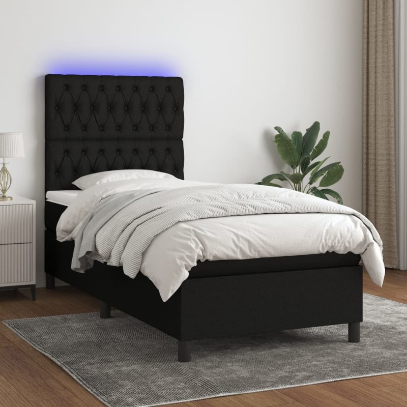 Letto a Molle con Materasso e LED Nero 90x200 cm in Tessuto Letto a Molle con Materasso e LED Nero 90x200 cm in Tessuto