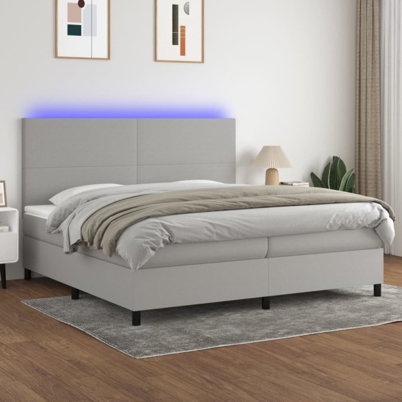 Letto a Molle Materasso e LED Grigio Chiaro 200x200 cm Tessuto Letto a Molle Materasso e LED Grigio Chiaro 200x200 cm Tessuto